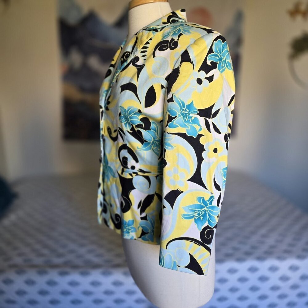 Tahari Arthur S. Levine Vintage Floral Blazer 12P Blue Yellow Botanical Cotton - Picture 16 of 16